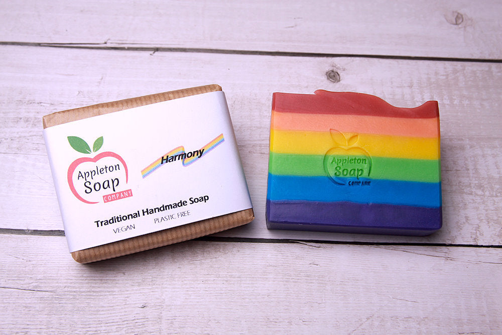 Harmony soap bar next to wrapped soap bar
