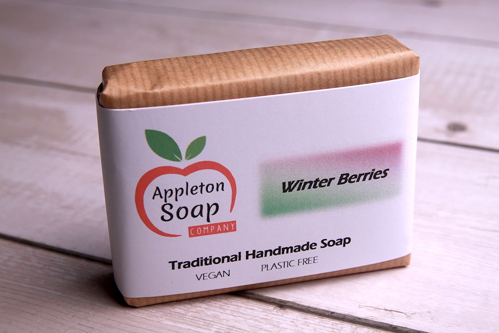 Winter berries soap bar wrapped in brown paper with white label
