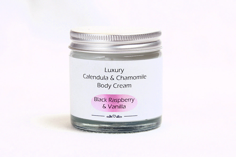 Glass Jar with metal lid with Luxury Black raspberry and vanilla body cream