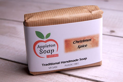 Christmas spice soap wrapped in brown paper with white label
