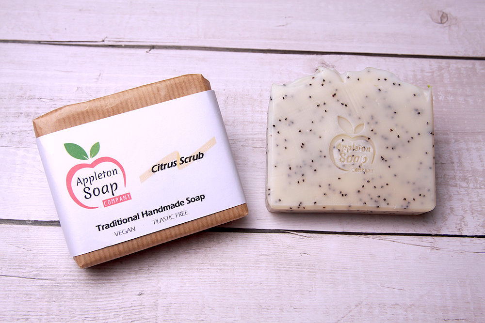 Citrus scrub soap bar and wrapped bar together