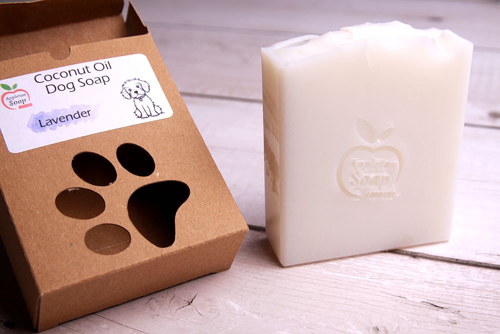 Lavender scented dog soap with cardboard box packaging