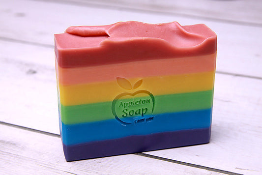 Harmony soap bar with rainbow colours of red, Orange, Yellow, Green, Blue and Violet.