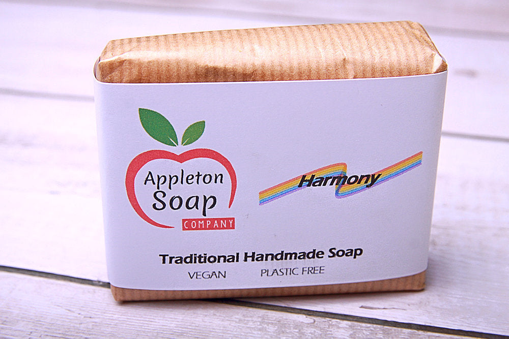 Harmony soap bar in brown paper wrapper with white banded label