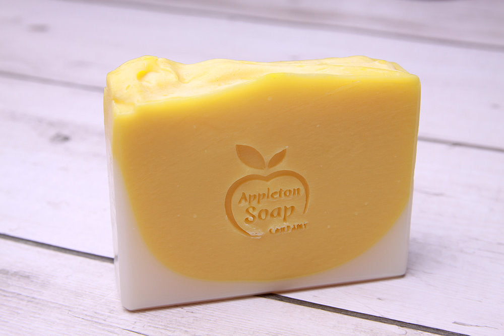 Lemon sunrise soap bar with cream coloured base and yellow top