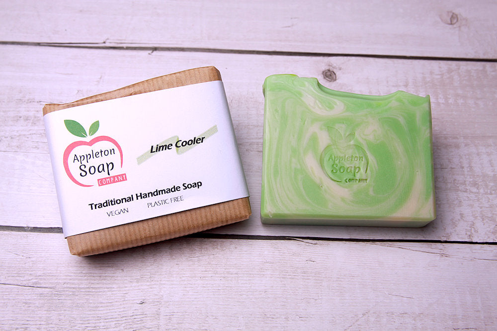 Lime cooler soap bar with wrapped bar next to it