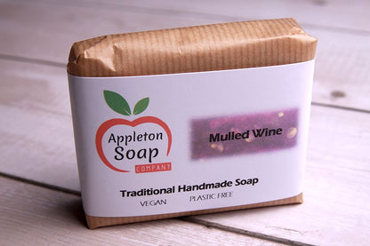 Mulled wine soap bar wrapped in brown paper with white label
