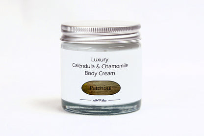 Luxury Patchouli Body cream in glass jar with metal lid