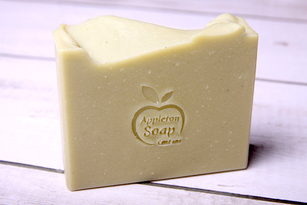 Peppermint pumice soap bar, pale green in colour with pumice texture
