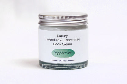Luxury Peppermint Body cream in glass jar with metal lid
