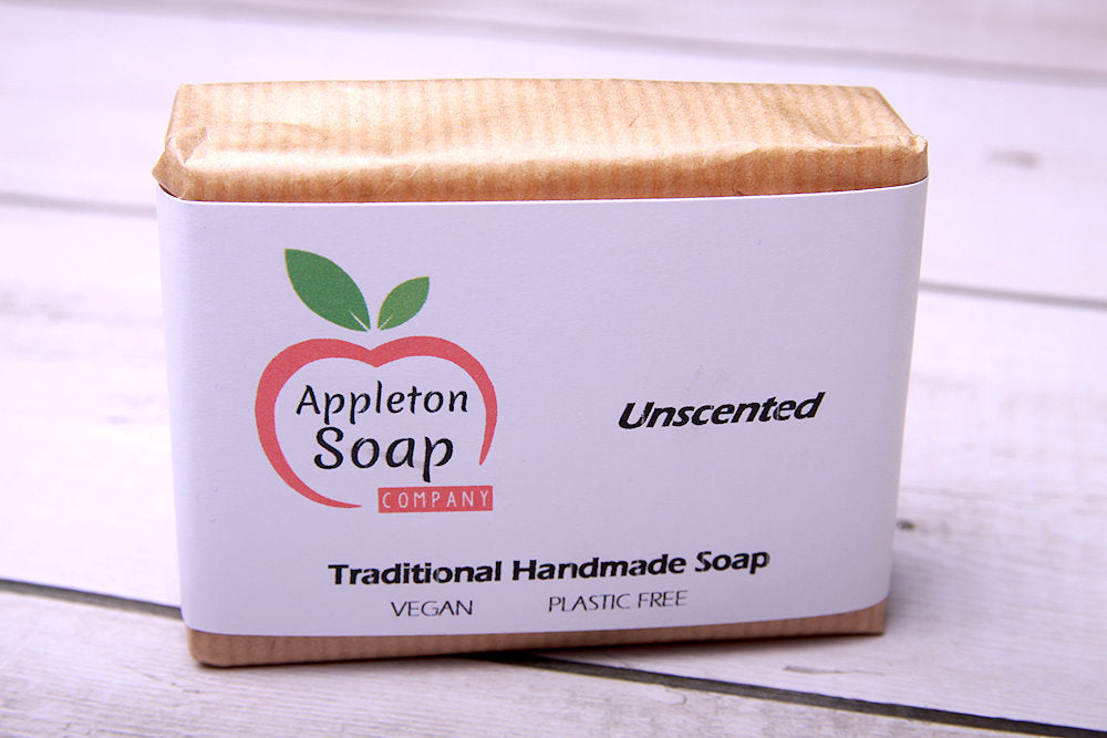 Wrapped Unscented Soap bar in brown paper with white banded label