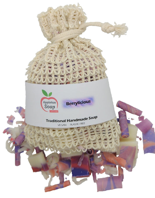 Berrylicious soap scrap sisal bag with white wrap around label and soap pieces  around base