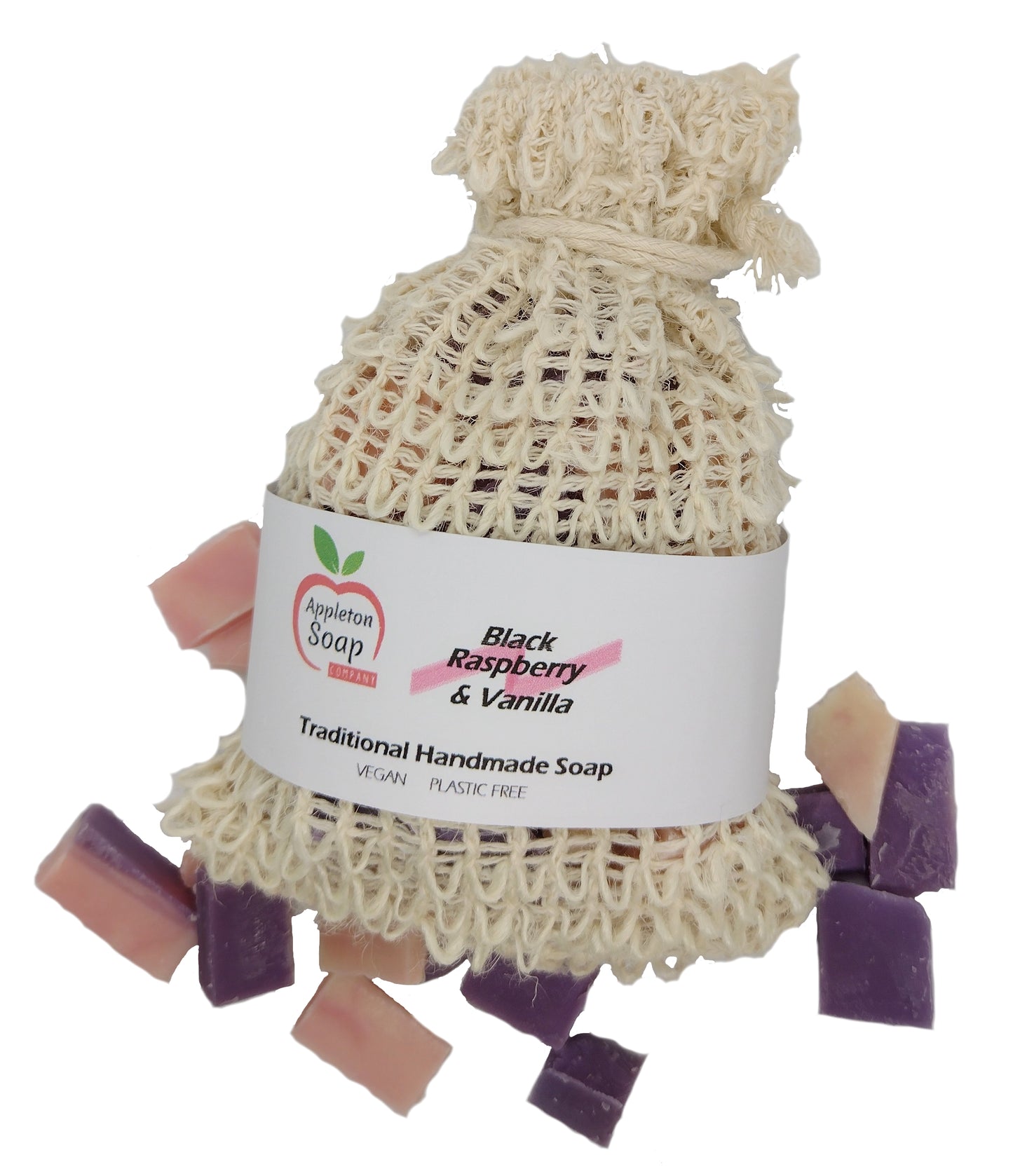 Sisal bag with white wrap around label with Black raspberry and vanilla soap around base