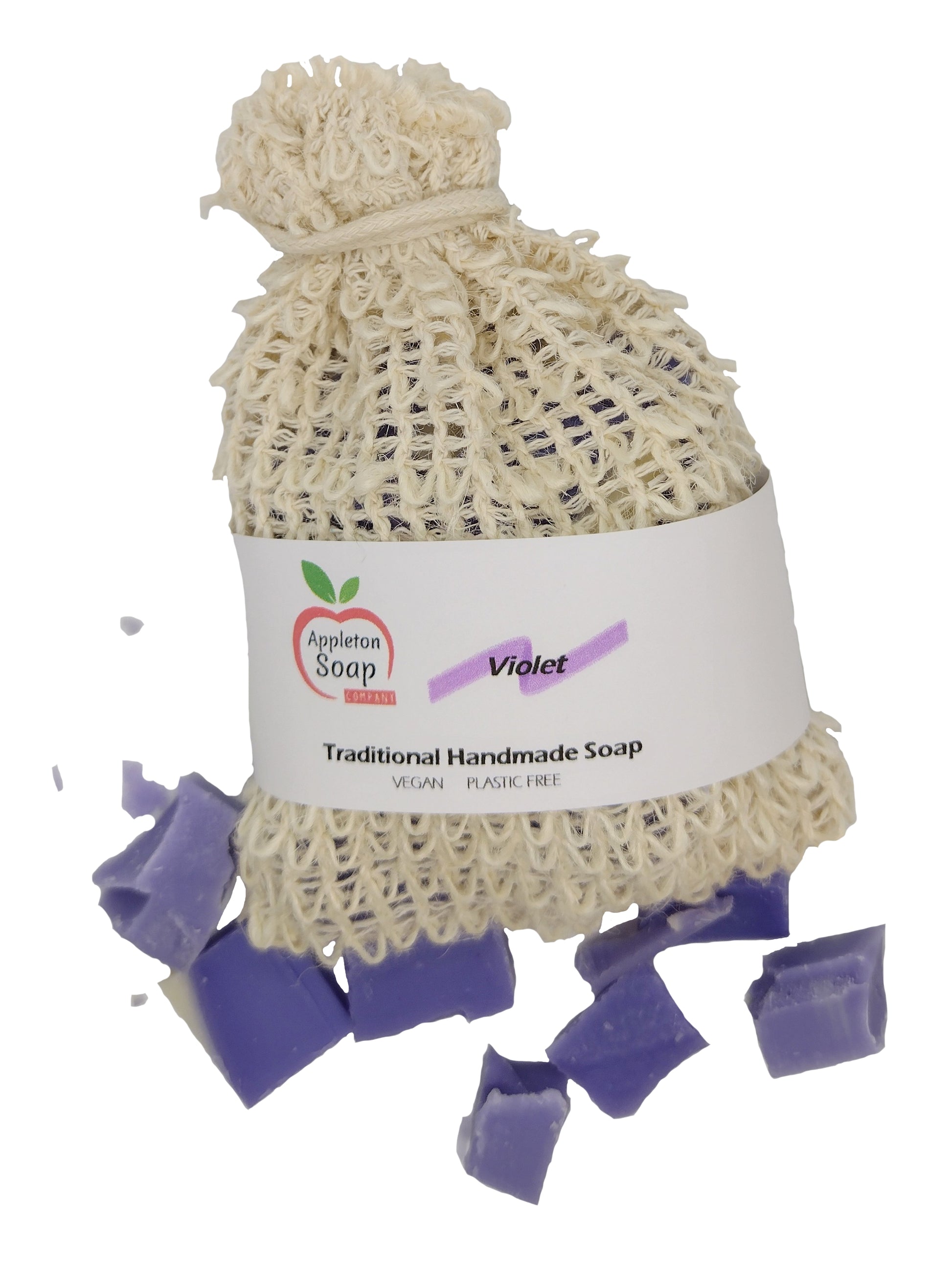 Cream sisal bag with white wrap around label with violet soap scraps